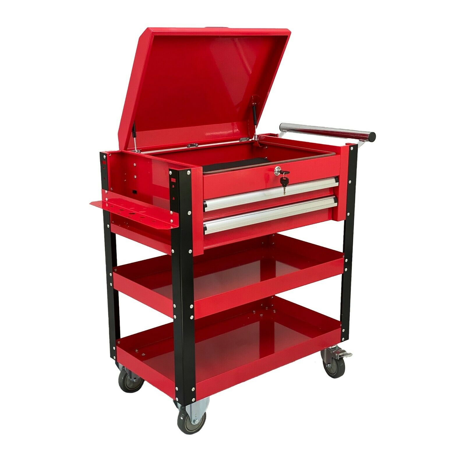 3 Tier Steel Tool Cart With Double Drawer Lockable Castors Mechanic Trolley