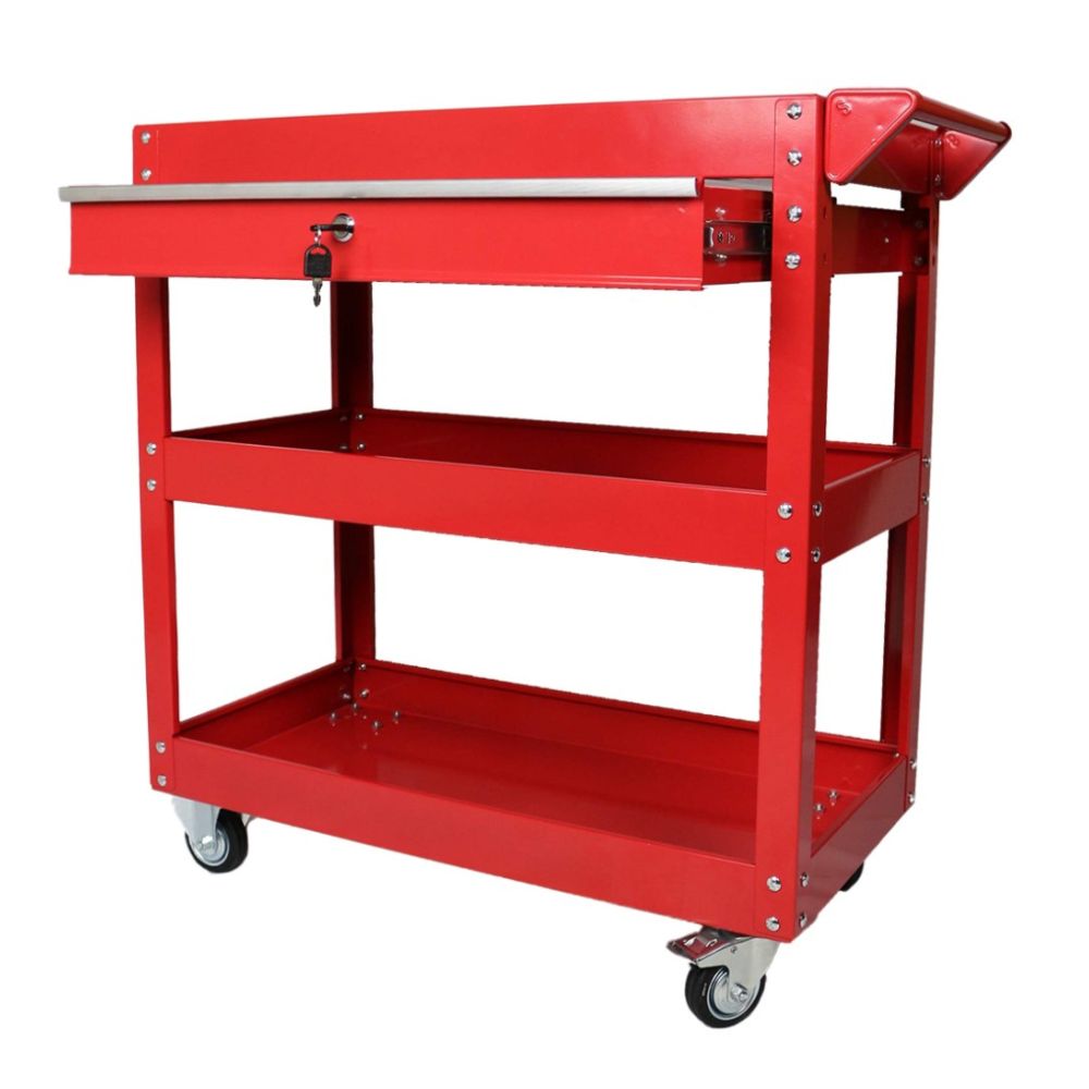3-Tier Red Steel Tool Cart With Lock Drawer & Lockable Castors Mechanic Trolley